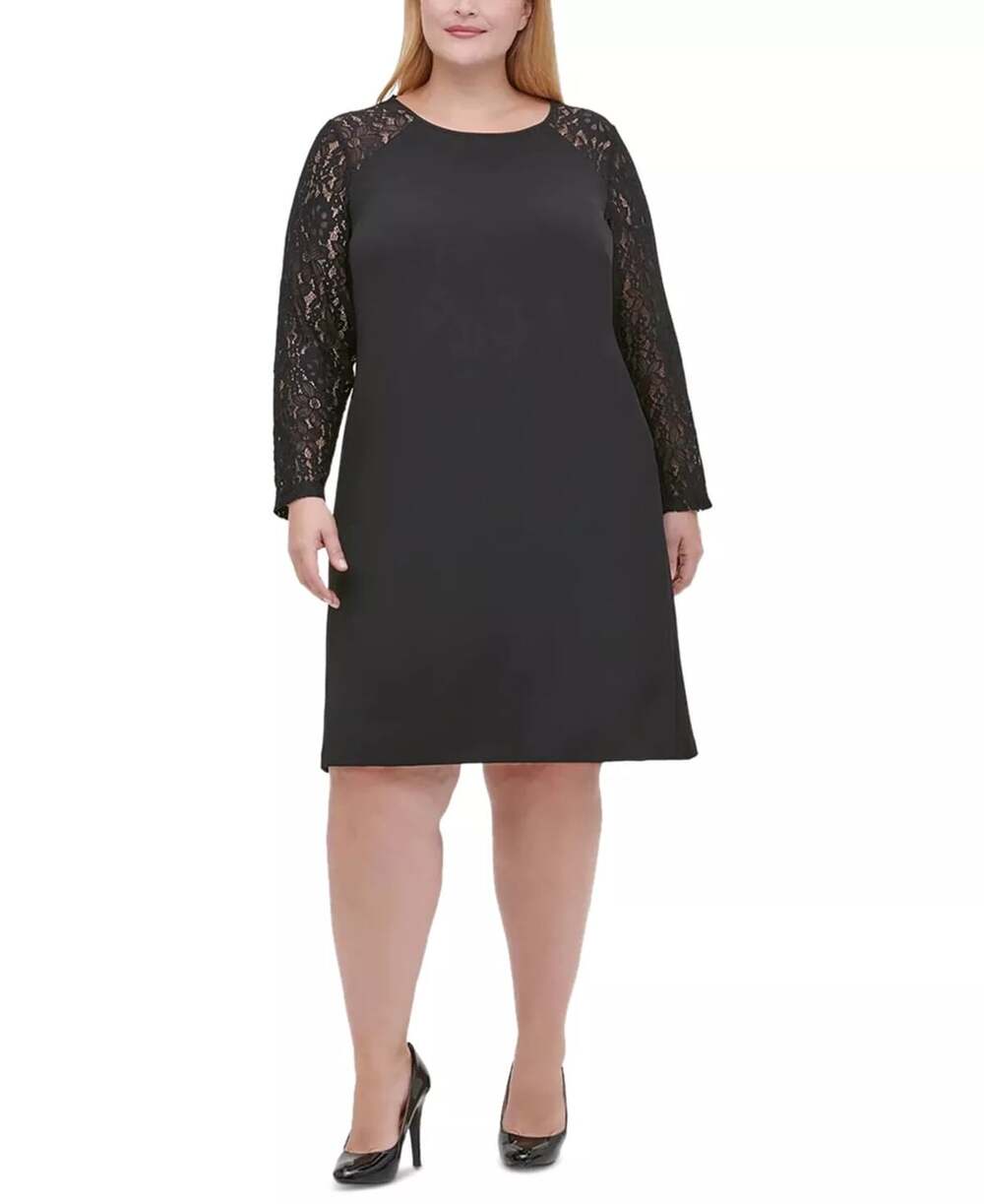 Tommy Hilfiger Womens Black Lace Sleeve A-Line Dress Size 14W NWT Formal Party